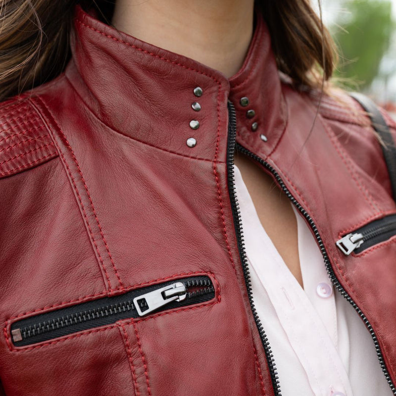 Women's Classic Sheep Leather Jacket. Standing Collar with Studs, 4 Zippered Pockets & Shoulder Accent Stitching-7