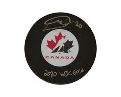 Palet dédicacé par Dawson Mercer de l'équipe Canada, modèle autographié, avec l'inscription "2020 WJC Gold"-1