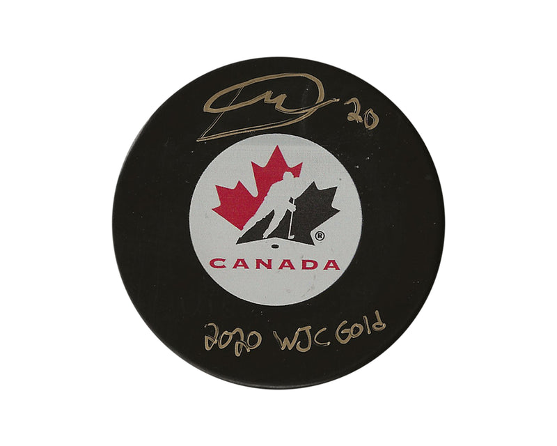 Palet dédicacé par Dawson Mercer de l'équipe Canada, modèle autographié, avec l'inscription "2020 WJC Gold"-1