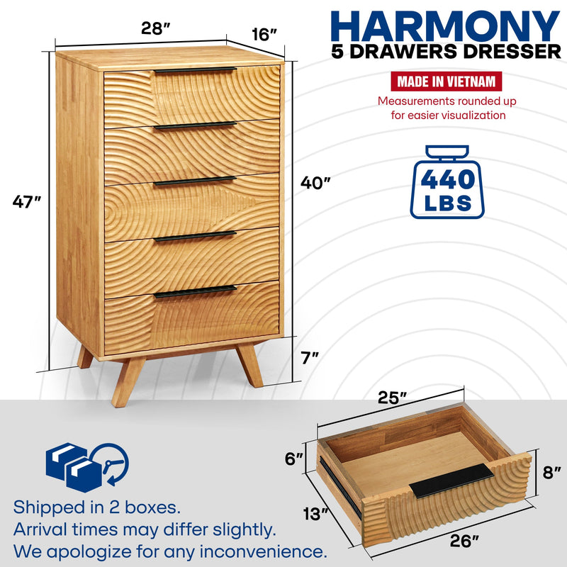Harmony Solid Wood Dresser with 5 Drawers-3