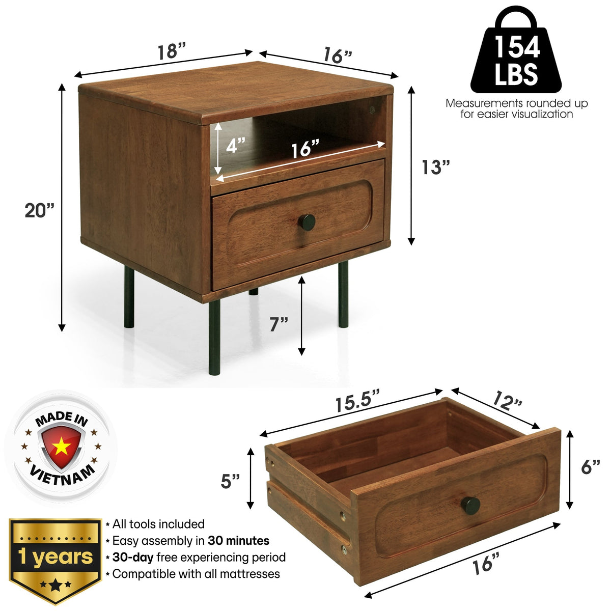 Mesa de noche de madera maciza Savana de un cajón-3