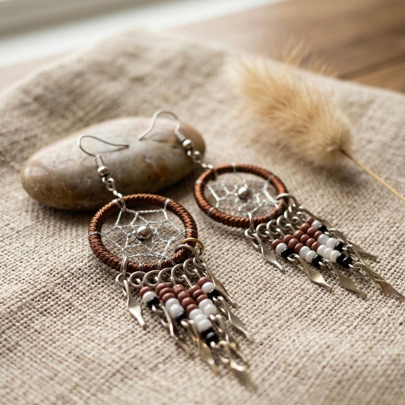 Green and Black Beaded Dreamcatcher earrings-2