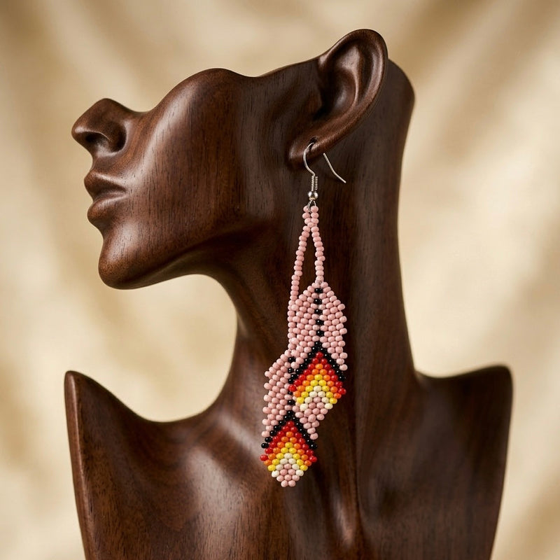 lights pink Beaded Feather Earrings-1