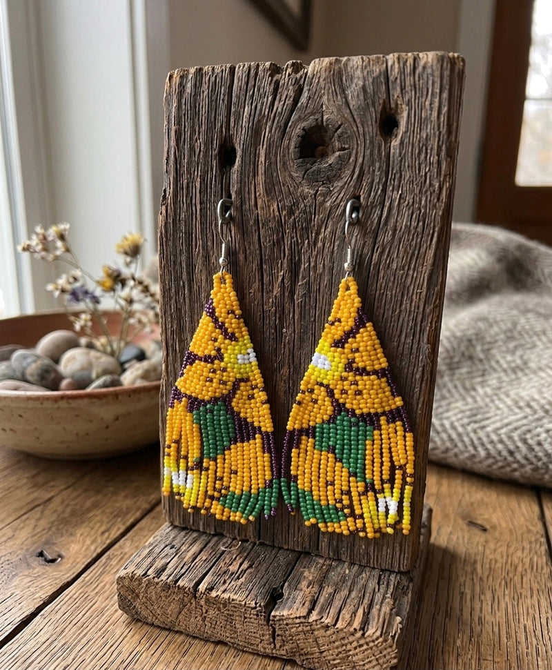 Flower Fringe Beaded Earrings (Mustard)-4