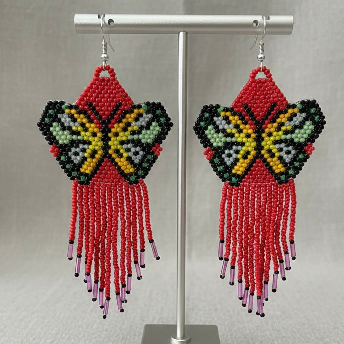 Red Beaded Dancing Wing Earrings-2