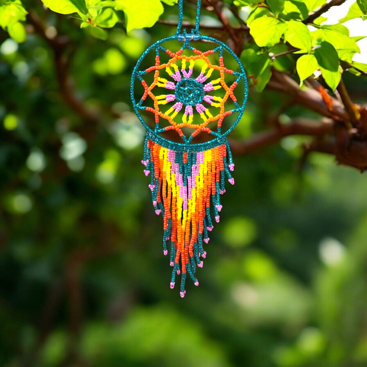 Green and Orange Celestial Beaded Handmade Dreamcatcher-1