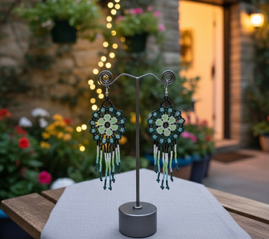 Dark Green Flower beaded Earrings-1