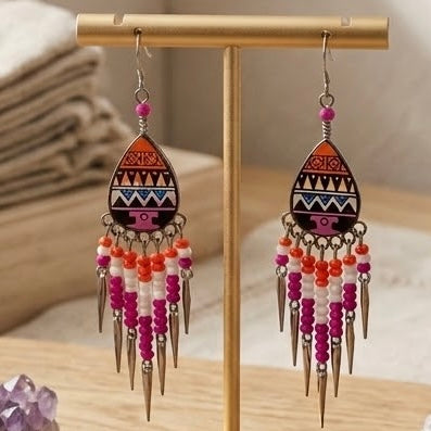 Small Sized Southwestern Pink and Yellow Teardrop Earrings-2