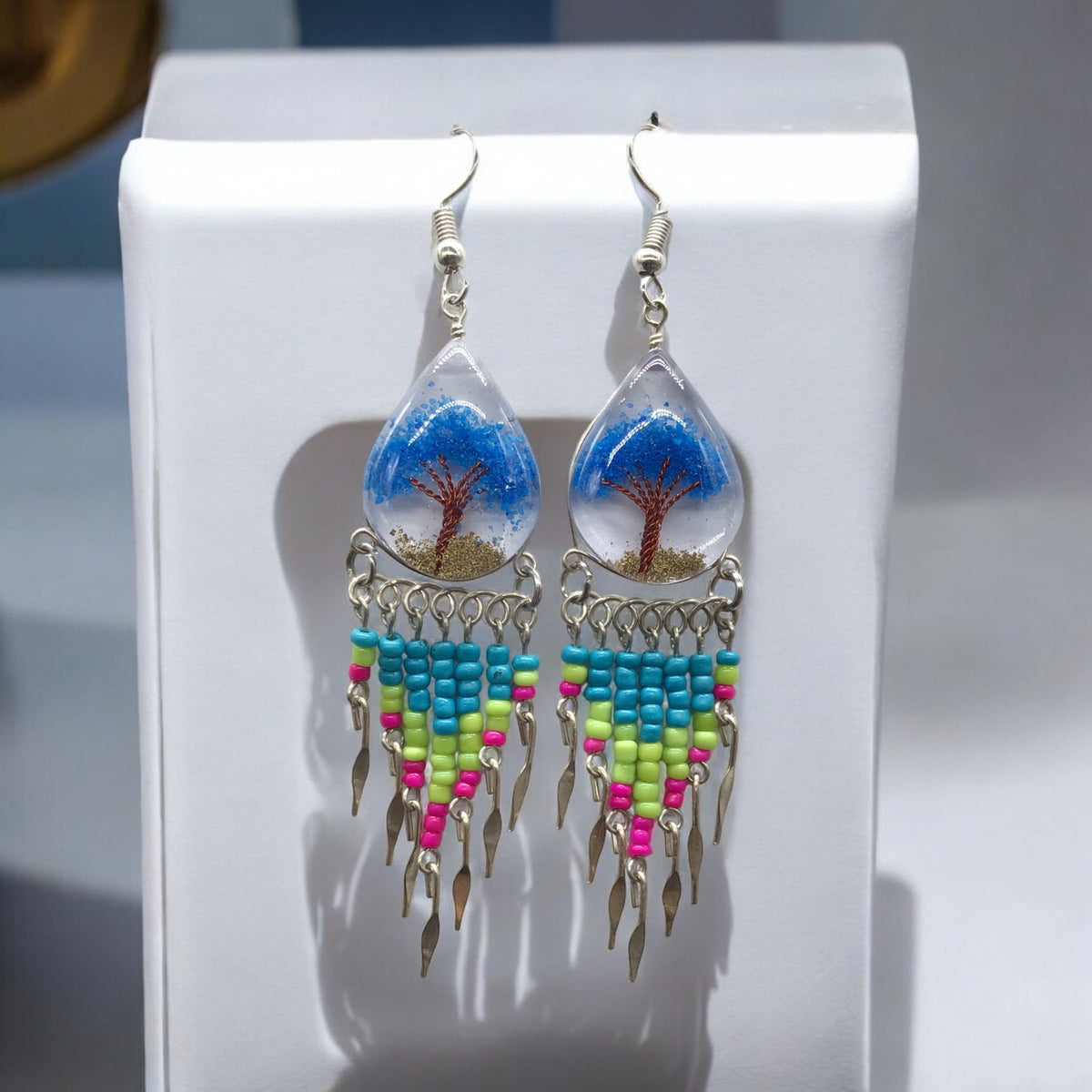 Tree of life Crushed Chip Stone Blue Earrings-1