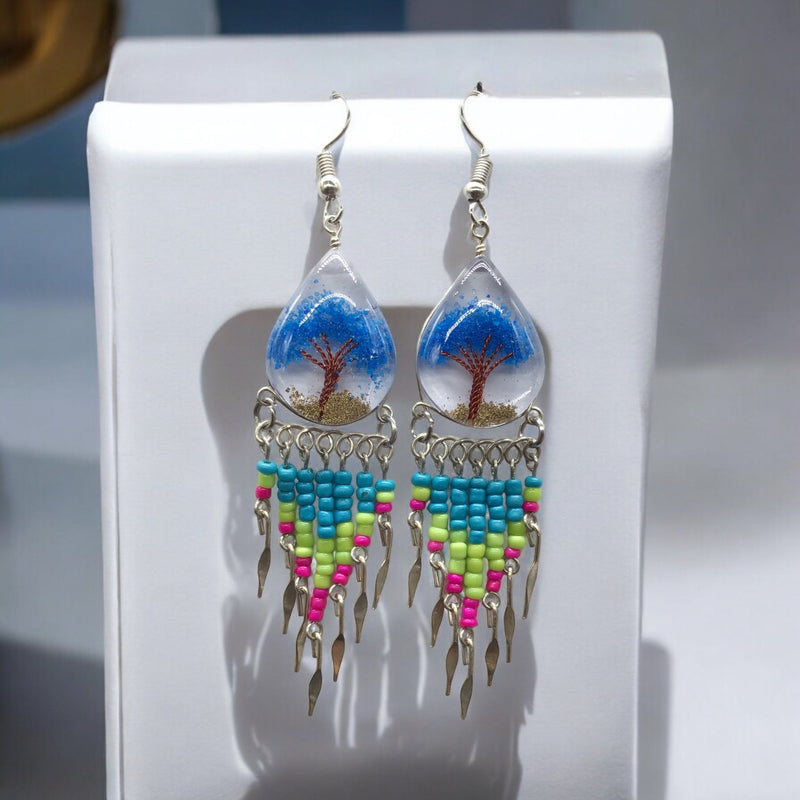 Tree of life Crushed Chip Stone Blue Earrings-1