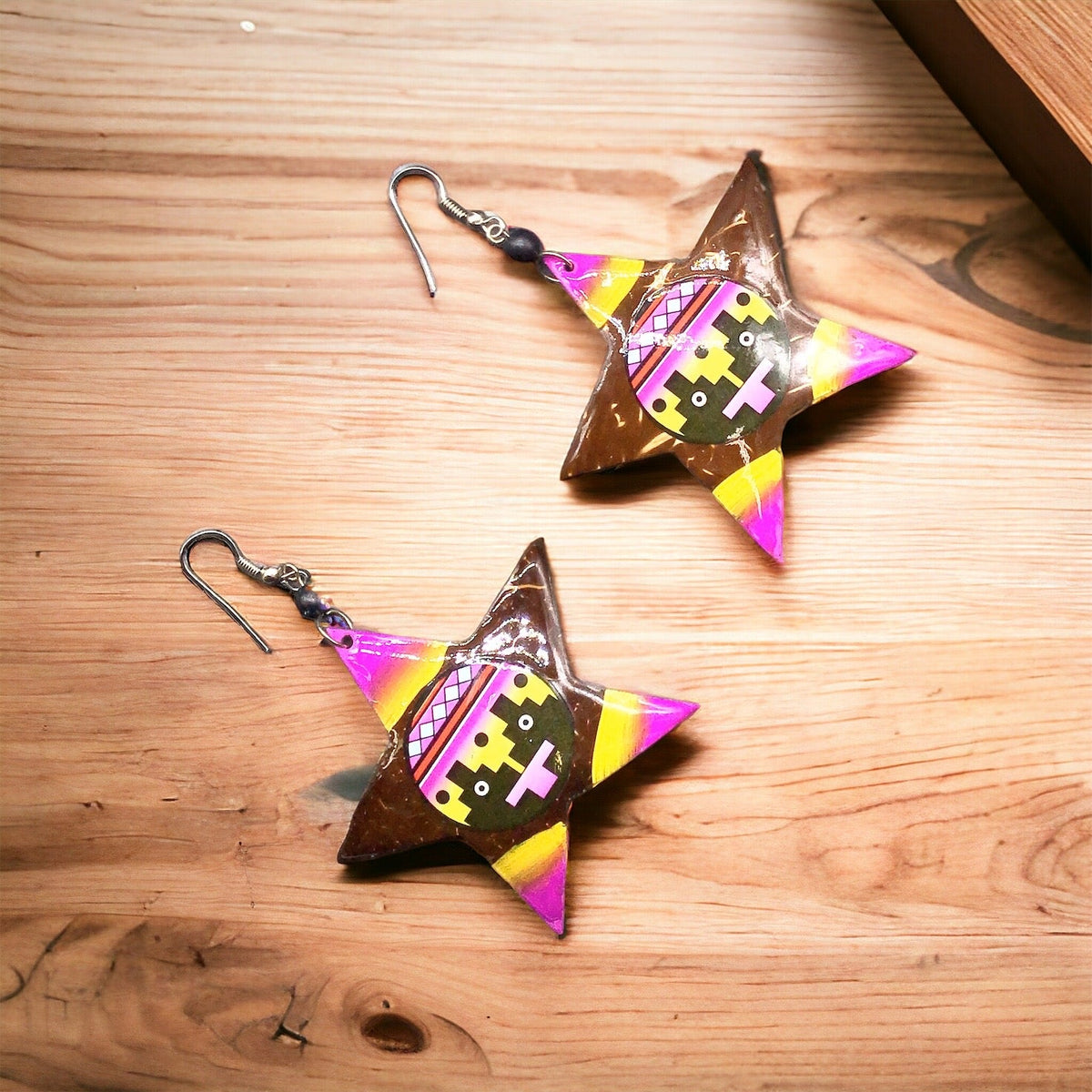 Painted Wood Yellow Star Earrings-2
