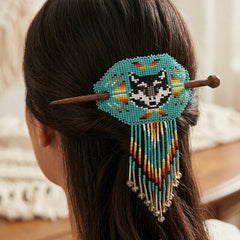 Wolf Fringed Beaded Barrette & Wooden Stick-1