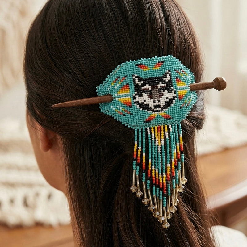 Wolf Fringed Beaded Barrette & Wooden Stick-1