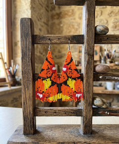 Flower Fringe Beaded Earrings (Orange)-1