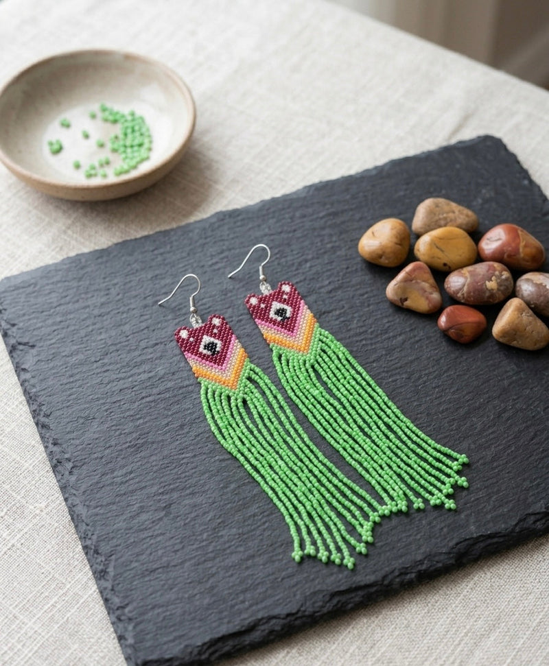 Red - Green Native Bear Beaded Earrings-1
