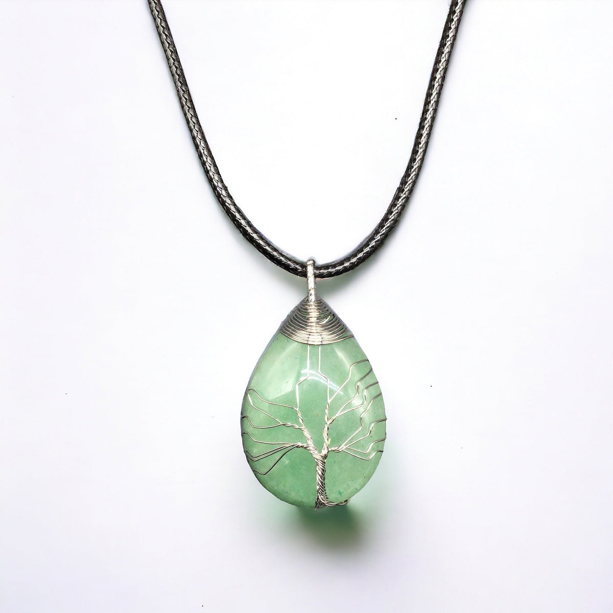 Green Gemstone Pendant Wrapped w/ Silver Tree of Life-2