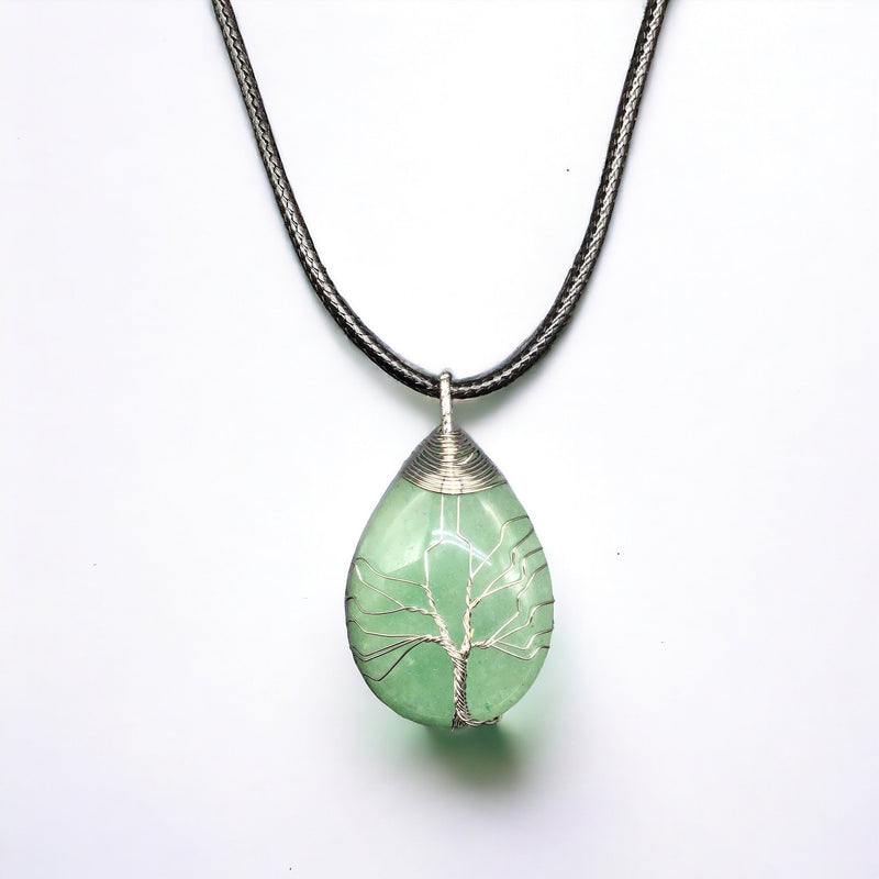 Green Gemstone Pendant Wrapped w/ Silver Tree of Life-2