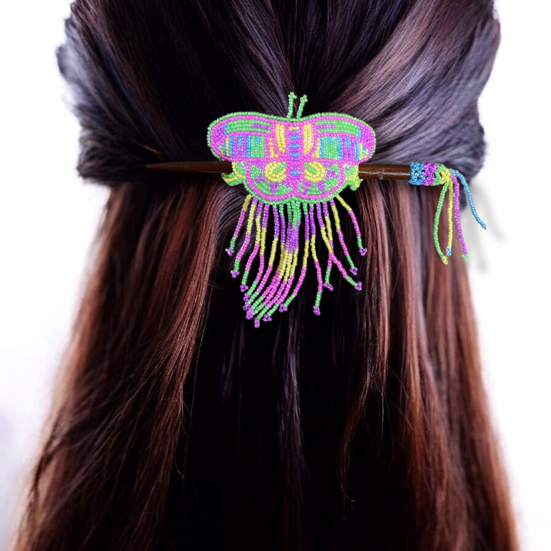 Pink and Green Wooden Stick Butterfly Beaded Barrette with Fringes-1