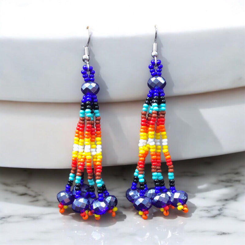 Blue Six-Strand Beaded Cascade Earrings-3