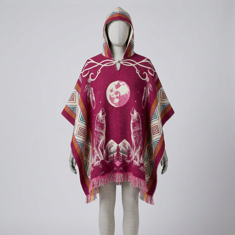 Howling wolf HandMade Wool Poncho-5