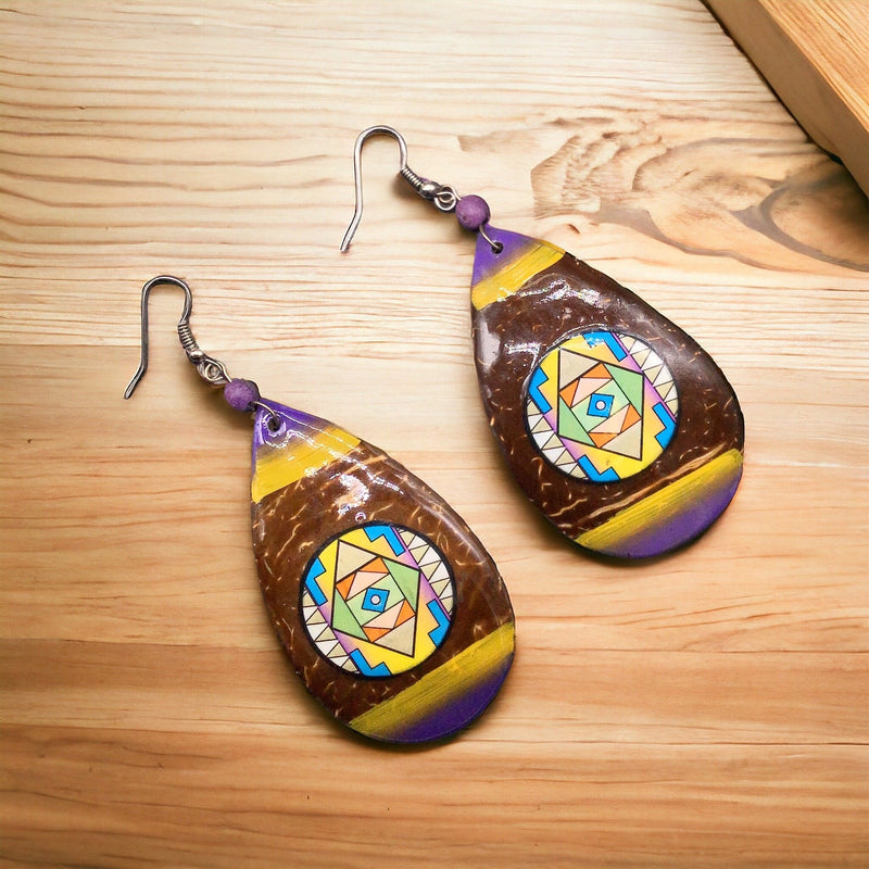 Wood Painted Yellow and Purple Round Earrings-2