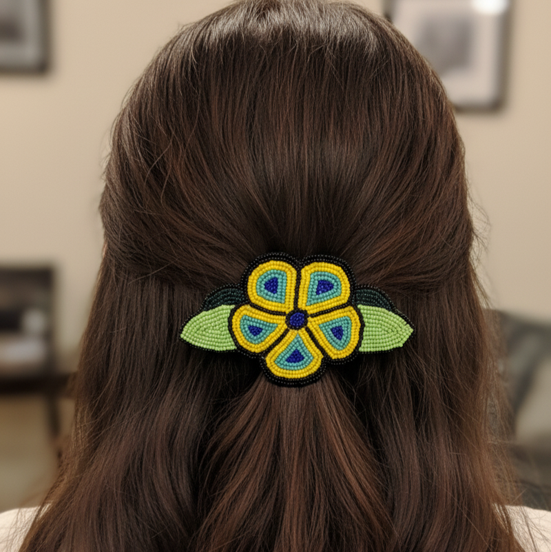 Yellow and Black Beaded Flower Barrette-4