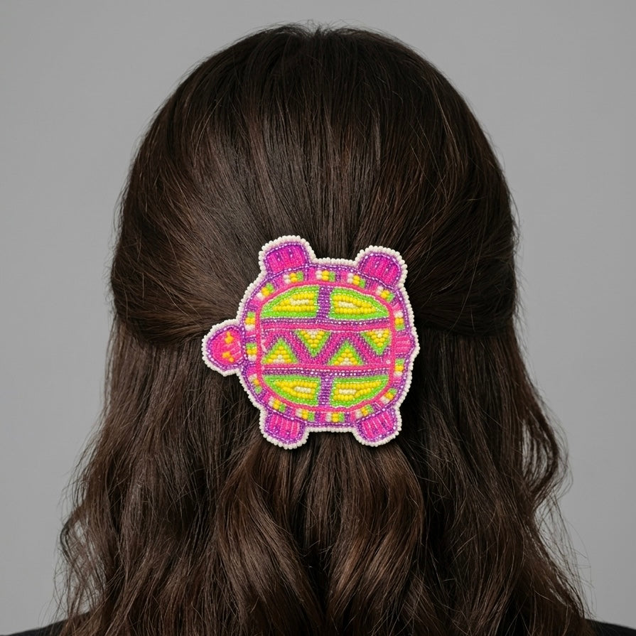 Beaded turtle Barrette pink accent-1