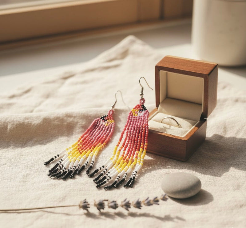Pink Firebird Spirit Beaded Earrings-2