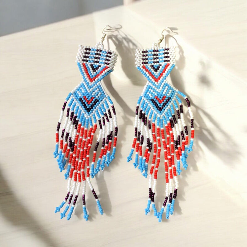 Red and blue Sunset Path Beaded Earrings-1