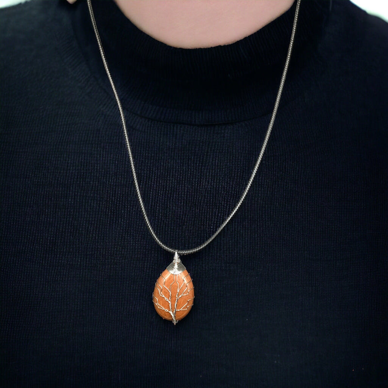 Orange Gemstone Pendant Wrapped w/ Silver Tree of Life-1