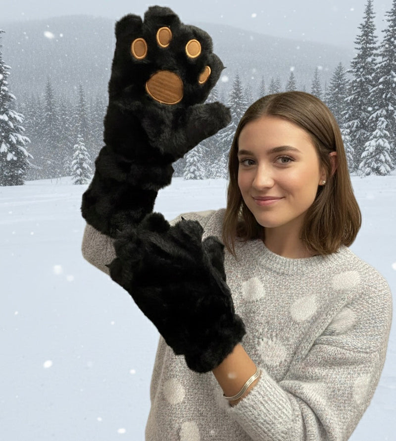 Black Soft Plush Bear Paw Gloves-2