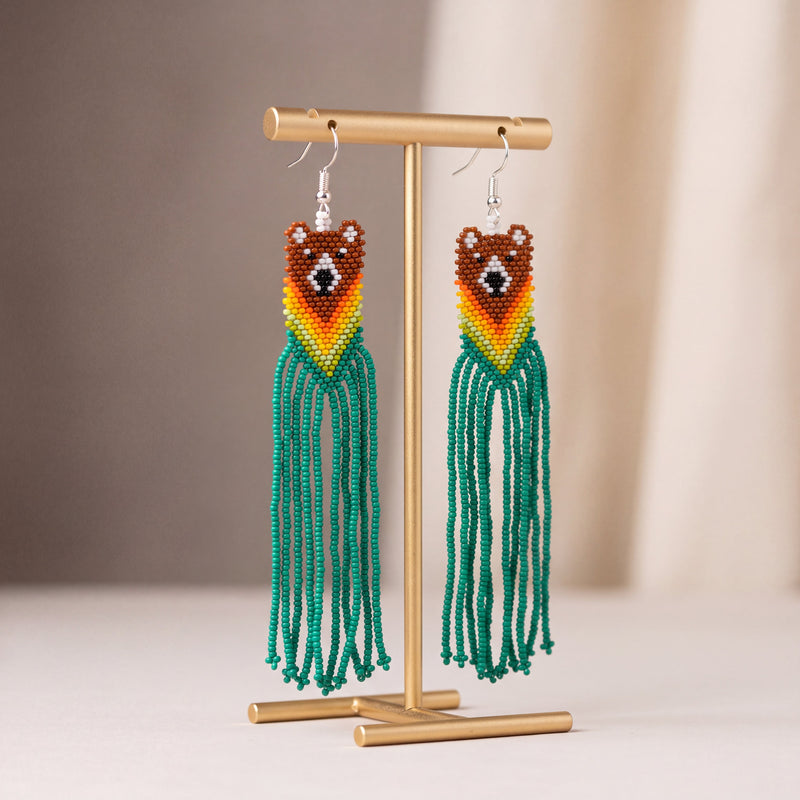 Red - Green Native Bear Beaded Earrings-2