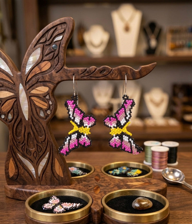 Purple Dancing Butterfly Beaded Earrings-3