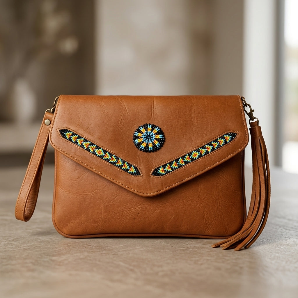 Leather beaded Crossbody bag(Brown)-7