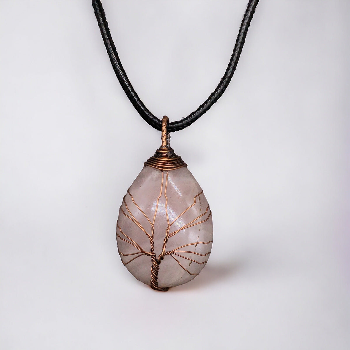 Light pink Gemstone Pendant Wrapped w/ Bronze Tree of Life-2