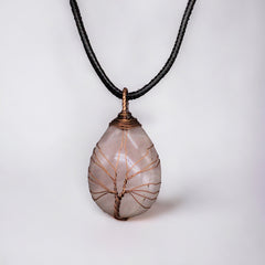 Light pink Gemstone Pendant Wrapped w/ Bronze Tree of Life-2