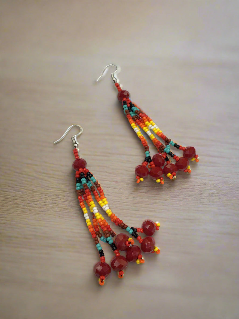 Red Six-Strand Beaded Cascade Earrings-2