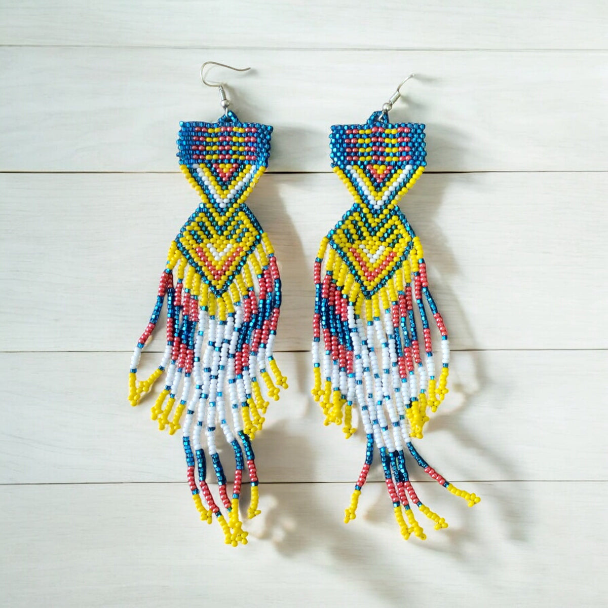 Sky blue and yellow Sunset Path Beaded Earrings-2