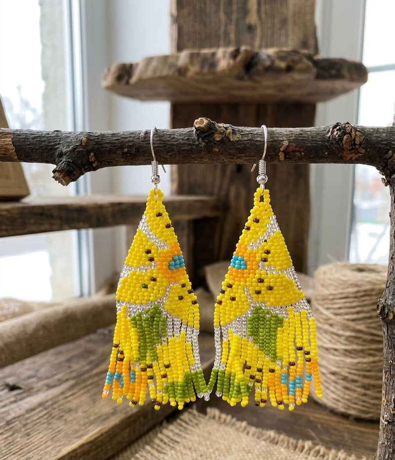 Flower Fringe Beaded Earrings (Yellow)-4