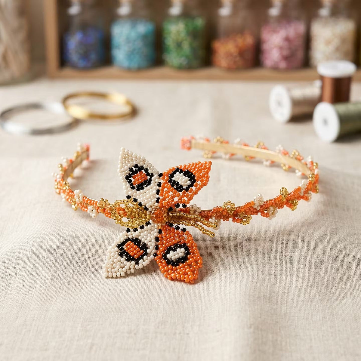 Beaded Headband with Butterfly Orange & White-2