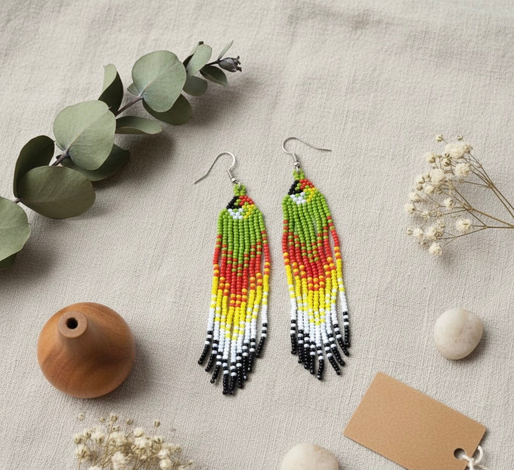 Green Firebird Spirit Beaded Earrings-2