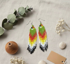 Green Firebird Spirit Beaded Earrings-2