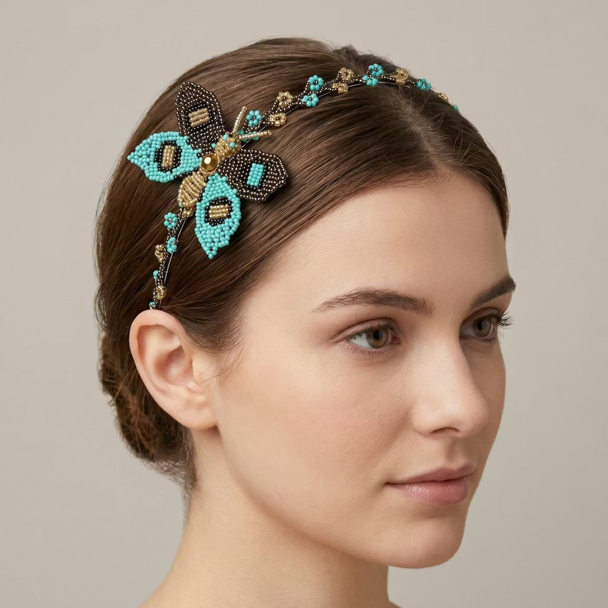 Beaded Headband with Butterfly Turquoise-4