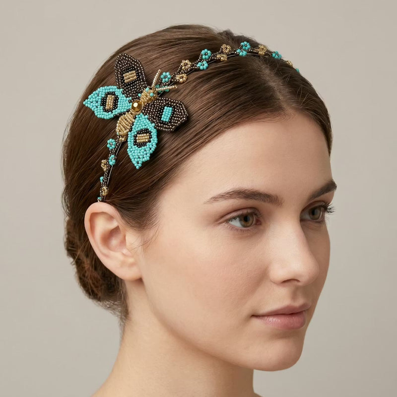 Beaded Headband with Butterfly Turquoise-4