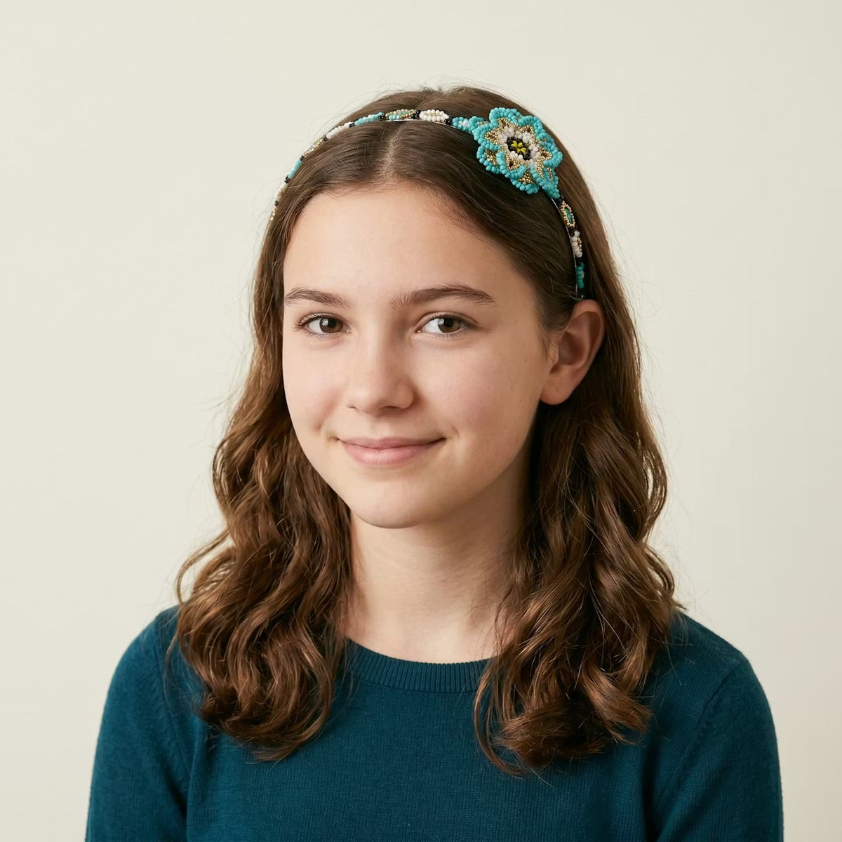 Beaded Headband with Flower Turquoise-2