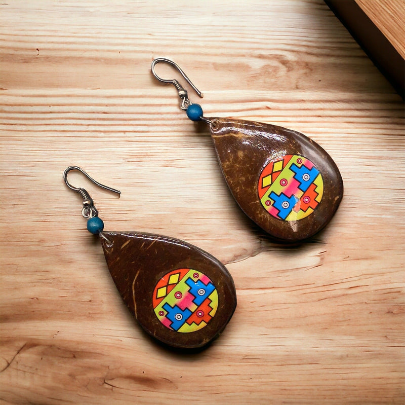 Wood Painted Yellow Round Earrings-2
