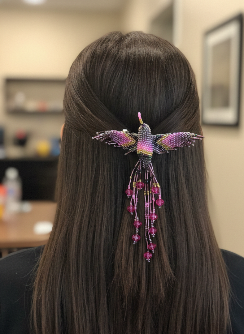 Purple yellow pink Hummingbird Barrette with Fringes-1