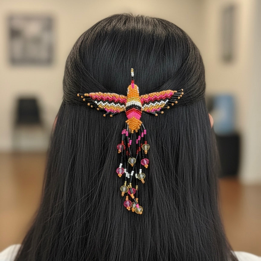Black and orange Hummingbird Barrette with Fringes