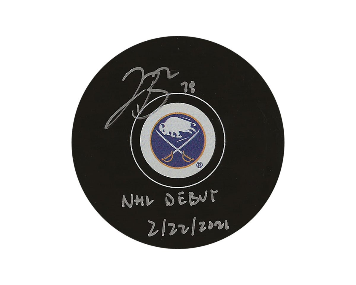 Palet de hockey Jacob Bryson des Sabres de Buffalo, autographié avec l'inscription « NHL Debut 2/22/2021 »-1