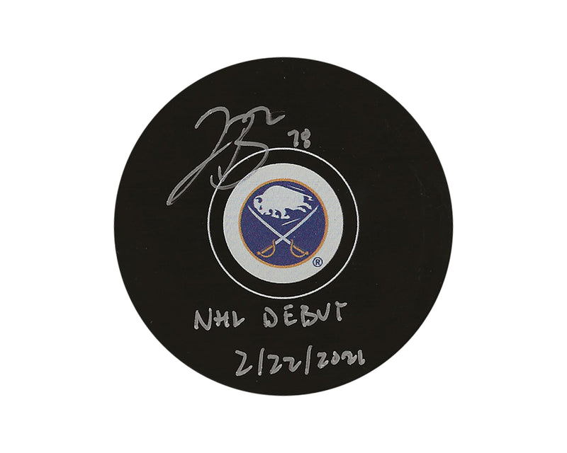 Palet de hockey Jacob Bryson des Sabres de Buffalo, autographié avec l'inscription « NHL Debut 2/22/2021 »-1